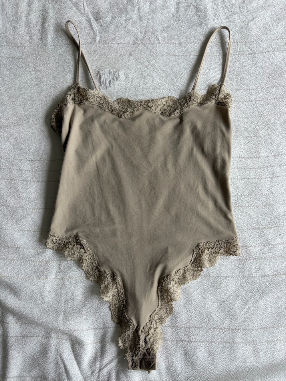 SKIMS Lace-Trim Camisole Bodysuit in Light Taupe